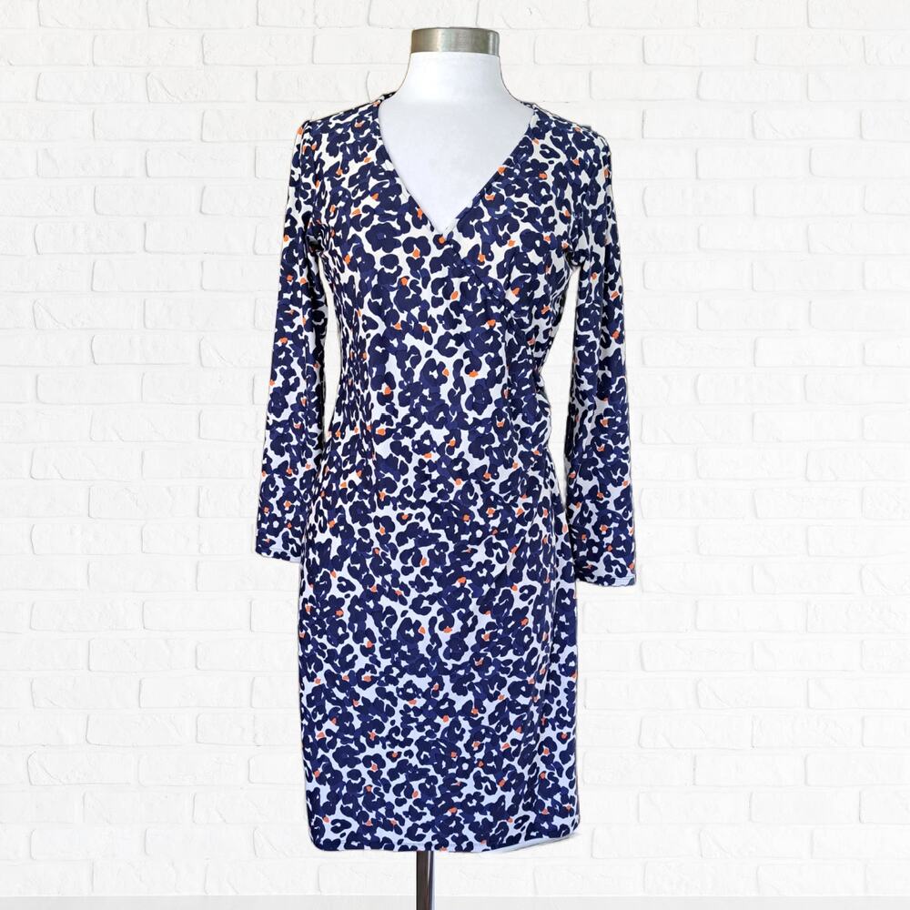 Jude Connally Diane Faux Wrap Dress Small Blue Orange Animal Print Long Sleeve